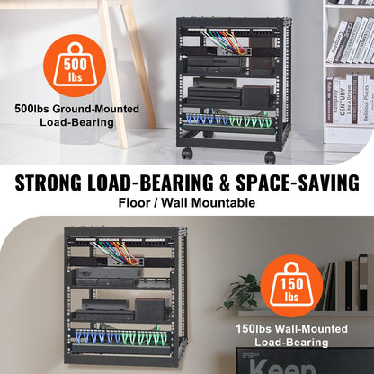 12U Open Frame Server Rack, 15''-40'' Adjustable Depth, Free Standing or Wall Mount Network Server Rack, 4 Post AV Rack with Casters, Holds All Your Networking IT Equipment AV Gear Router Modem