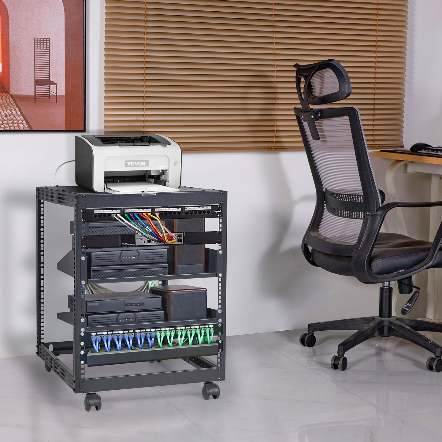 12U Open Frame Server Rack, 15''-40'' Adjustable Depth, Free Standing or Wall Mount Network Server Rack, 4 Post AV Rack with Casters, Holds All Your Networking IT Equipment AV Gear Router Modem