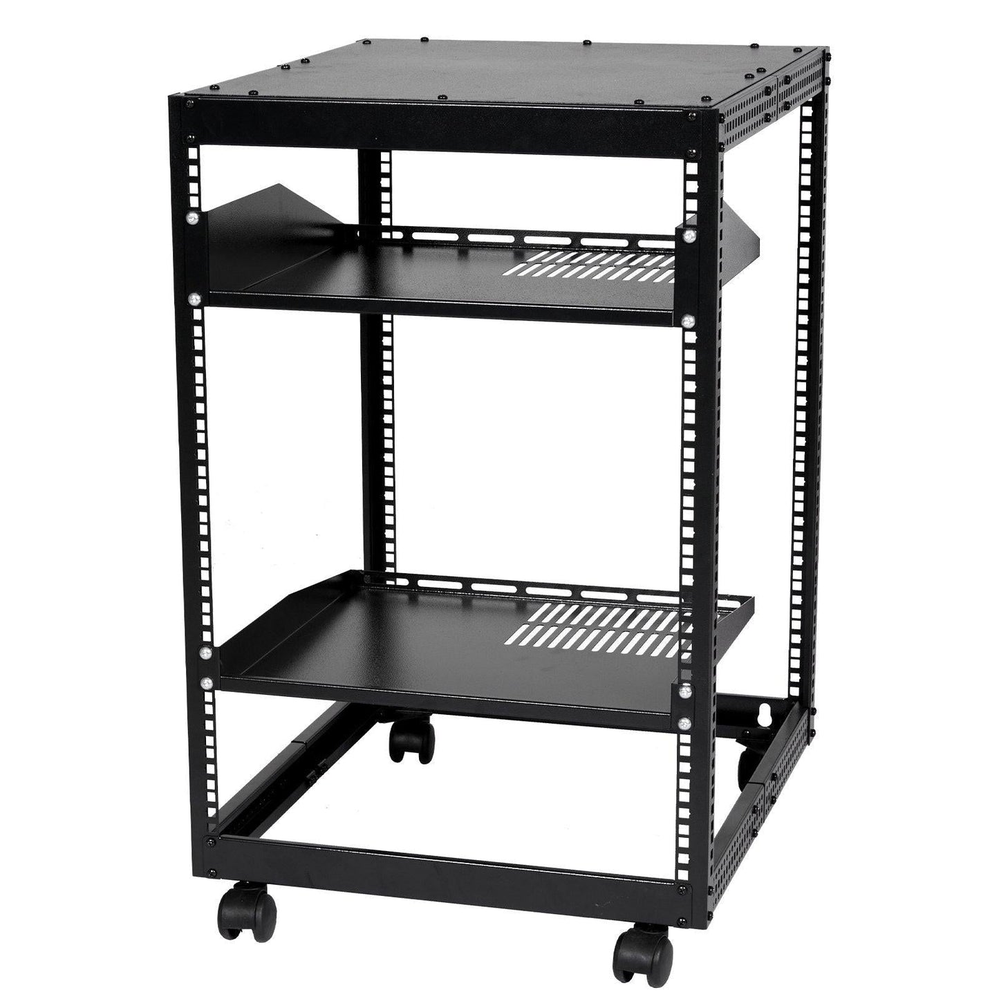 15U Open Frame Server Rack, 23-40 in Adjustable Depth, Free Standing or Wall Mount Network Server Rack, 4 Post AV Rack with Casters, Holds All Your Networking IT Equipment AV Gear Router Modem.