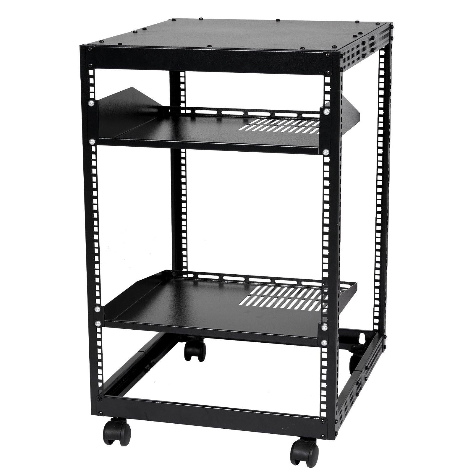 15U Open Frame Server Rack, 23-40 in Adjustable Depth, Free Standing or Wall Mount Network Server Rack, 4 Post AV Rack with Casters, Holds All Your Networking IT Equipment AV Gear Router Modem.