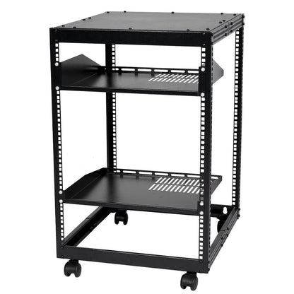 15U Open Frame Server Rack, 23-40 in Adjustable Depth, Free Standing or Wall Mount Network Server Rack, 4 Post AV Rack with Casters, Holds All Your Networking IT Equipment AV Gear Router Modem.