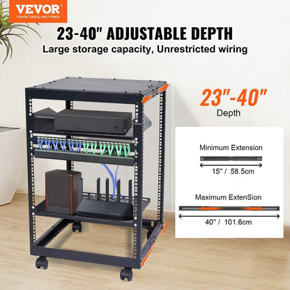 15U Open Frame Server Rack, 23-40 in Adjustable Depth, Free Standing or Wall Mount Network Server Rack, 4 Post AV Rack with Casters, Holds All Your Networking IT Equipment AV Gear Router Modem.