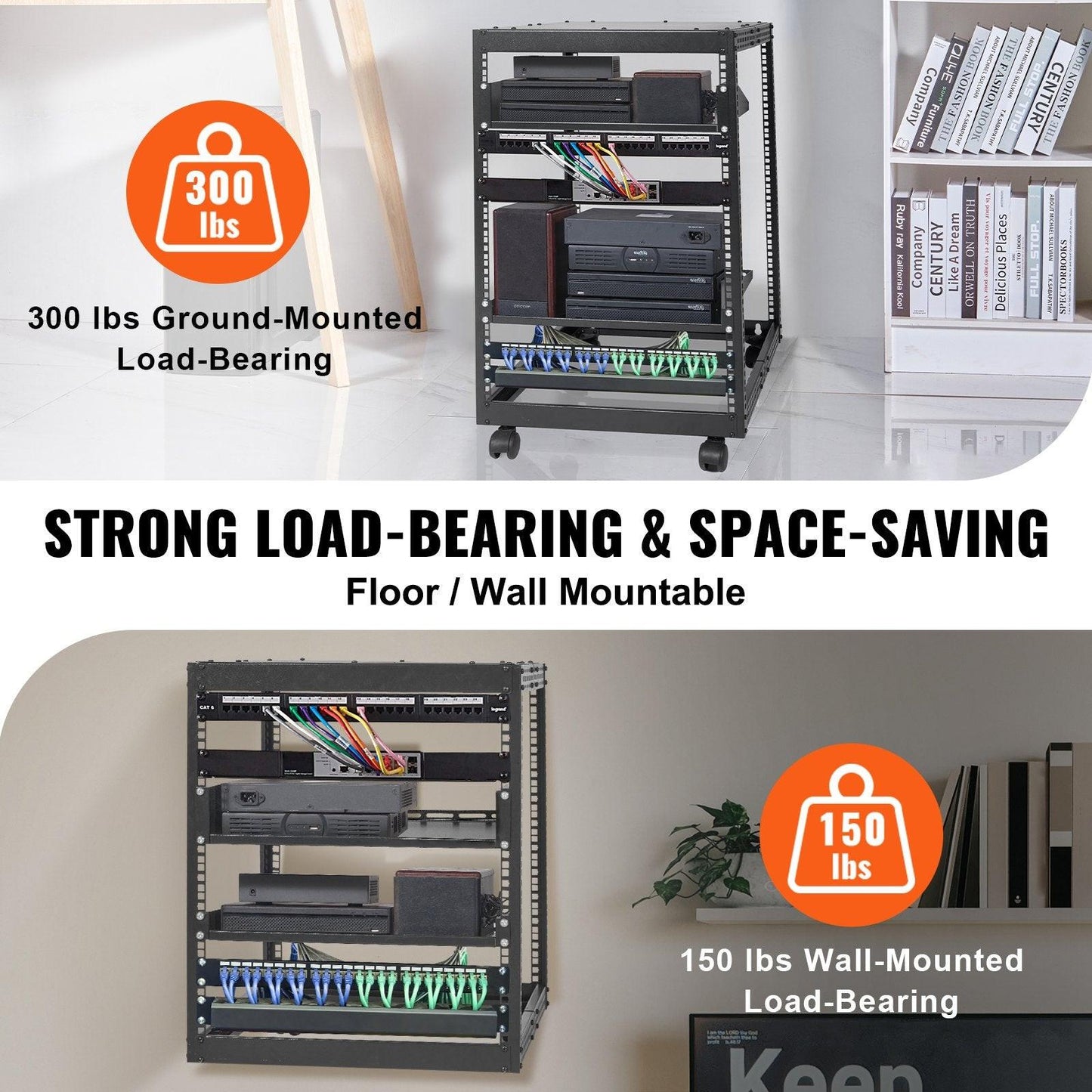 15U Open Frame Server Rack, 23-40 in Adjustable Depth, Free Standing or Wall Mount Network Server Rack, 4 Post AV Rack with Casters, Holds All Your Networking IT Equipment AV Gear Router Modem.