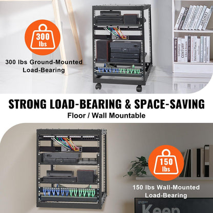 15U Open Frame Server Rack, 23-40 in Adjustable Depth, Free Standing or Wall Mount Network Server Rack, 4 Post AV Rack with Casters, Holds All Your Networking IT Equipment AV Gear Router Modem.