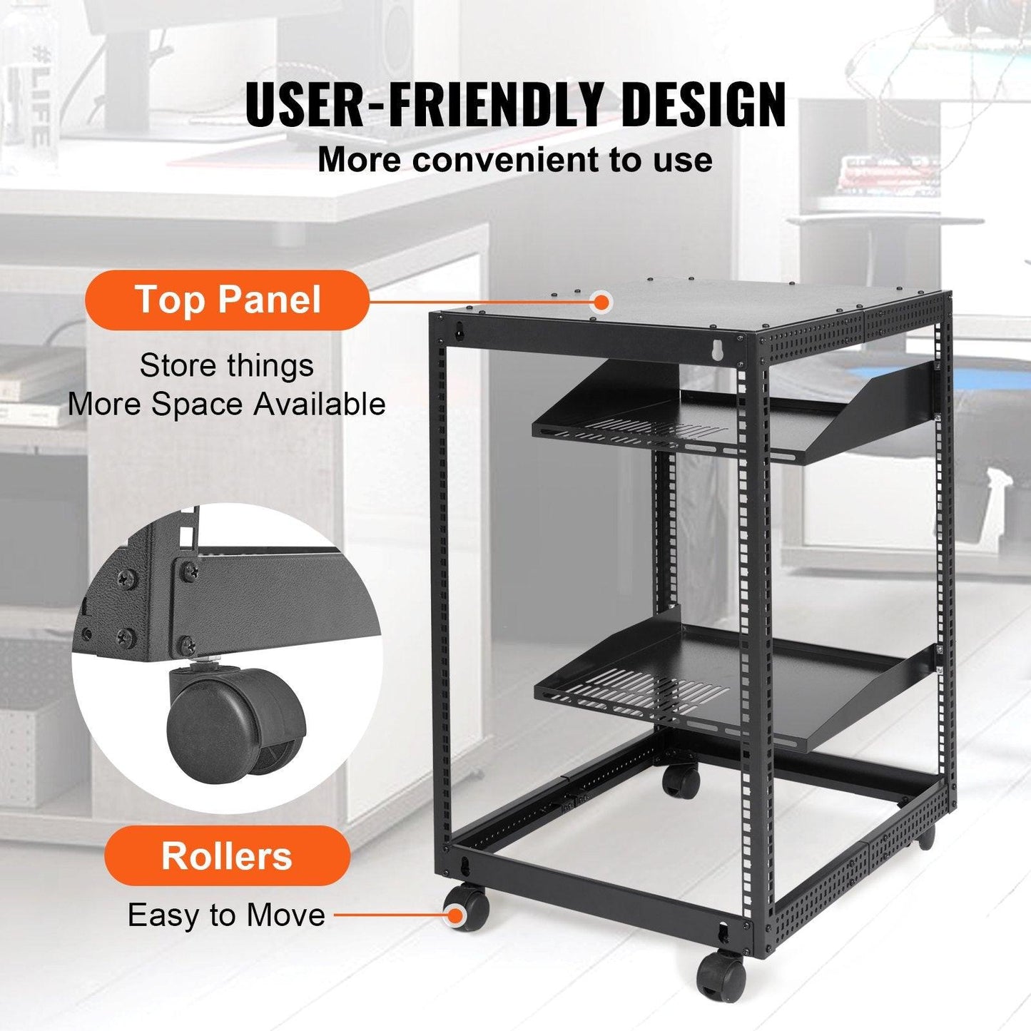15U Open Frame Server Rack, 23-40 in Adjustable Depth, Free Standing or Wall Mount Network Server Rack, 4 Post AV Rack with Casters, Holds All Your Networking IT Equipment AV Gear Router Modem.