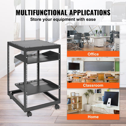 15U Open Frame Server Rack, 23-40 in Adjustable Depth, Free Standing or Wall Mount Network Server Rack, 4 Post AV Rack with Casters, Holds All Your Networking IT Equipment AV Gear Router Modem.