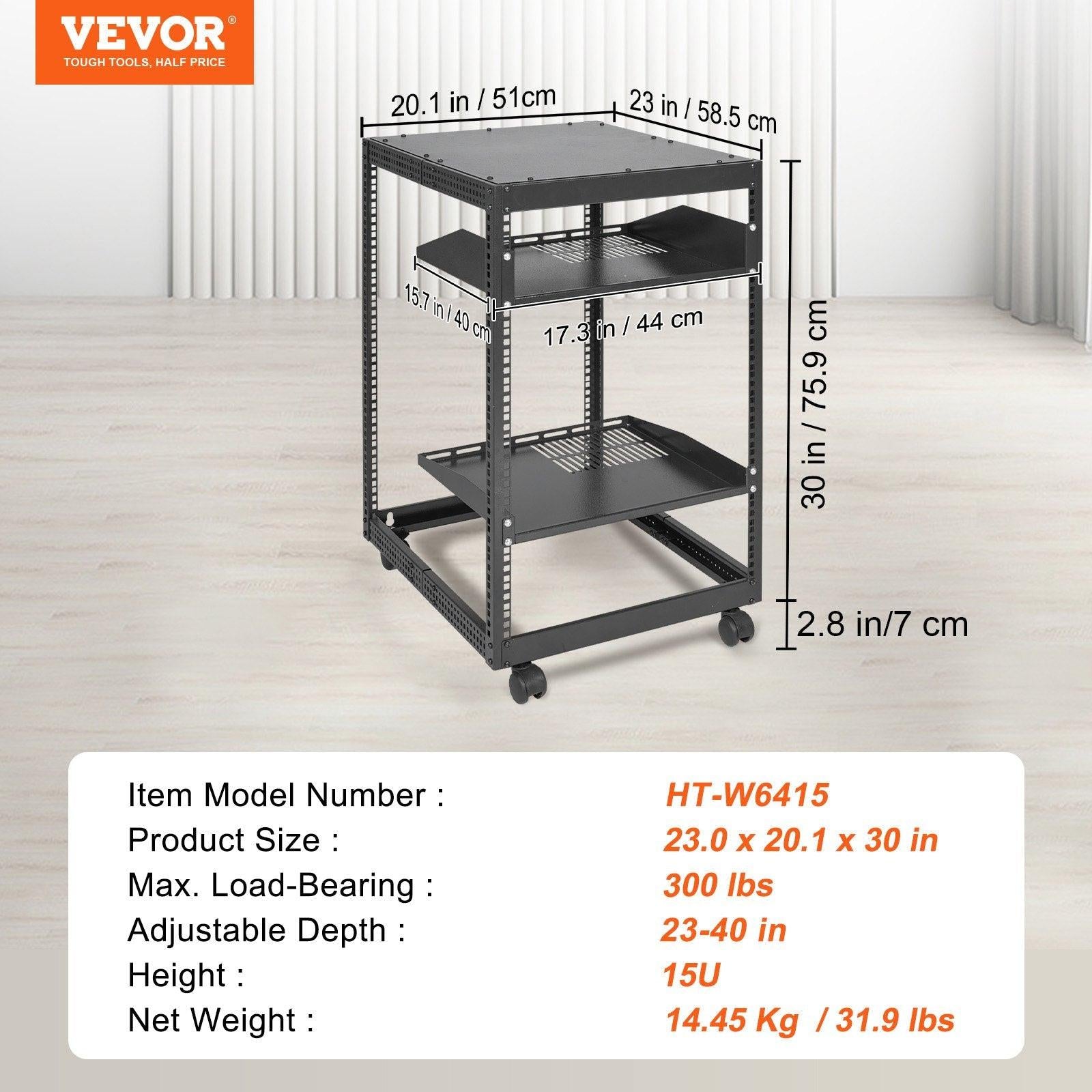 15U Open Frame Server Rack, 23-40 in Adjustable Depth, Free Standing or Wall Mount Network Server Rack, 4 Post AV Rack with Casters, Holds All Your Networking IT Equipment AV Gear Router Modem.