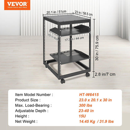 15U Open Frame Server Rack, 23-40 in Adjustable Depth, Free Standing or Wall Mount Network Server Rack, 4 Post AV Rack with Casters, Holds All Your Networking IT Equipment AV Gear Router Modem.
