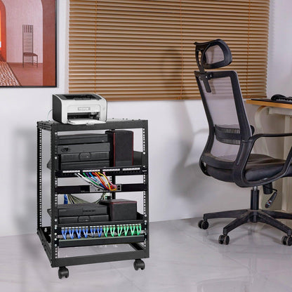 15U Open Frame Server Rack, 23-40 in Adjustable Depth, Free Standing or Wall Mount Network Server Rack, 4 Post AV Rack with Casters, Holds All Your Networking IT Equipment AV Gear Router Modem.