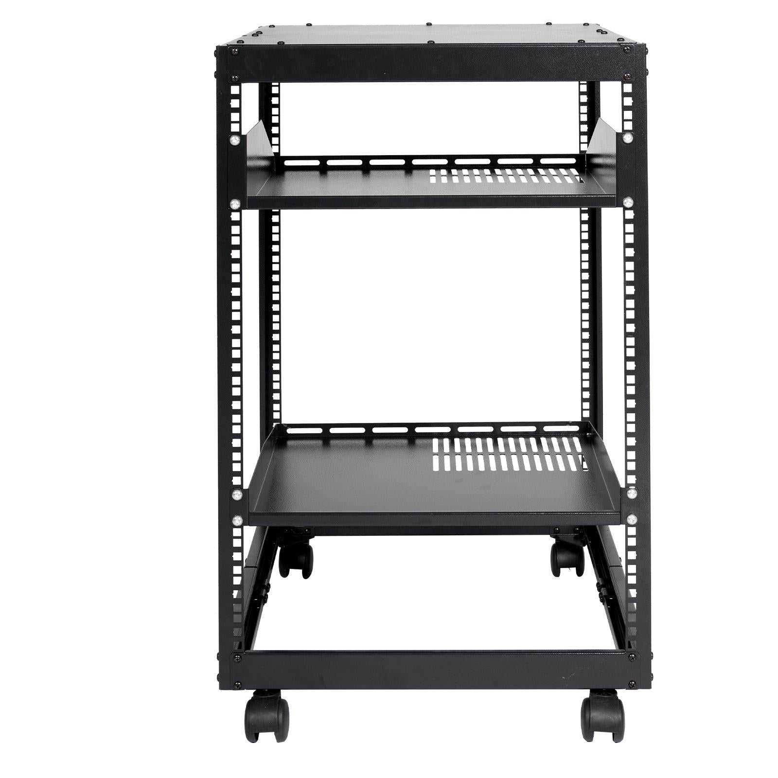 15U Open Frame Server Rack, 23-40 in Adjustable Depth, Free Standing or Wall Mount Network Server Rack, 4 Post AV Rack with Casters, Holds All Your Networking IT Equipment AV Gear Router Modem.