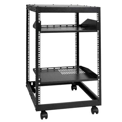 15U Open Frame Server Rack, 23-40 in Adjustable Depth, Free Standing or Wall Mount Network Server Rack, 4 Post AV Rack with Casters, Holds All Your Networking IT Equipment AV Gear Router Modem.