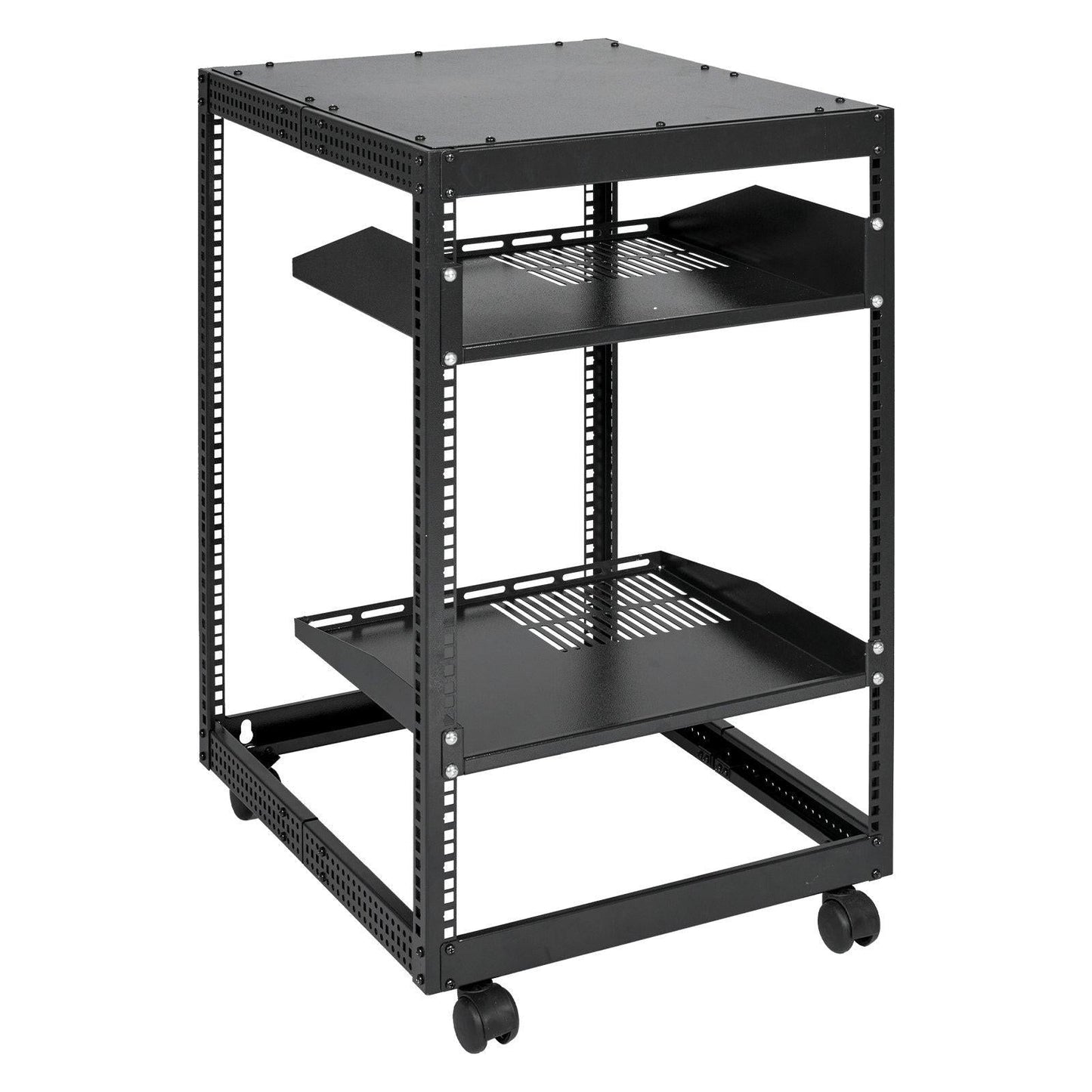 15U Open Frame Server Rack, 23-40 in Adjustable Depth, Free Standing or Wall Mount Network Server Rack, 4 Post AV Rack with Casters, Holds All Your Networking IT Equipment AV Gear Router Modem.