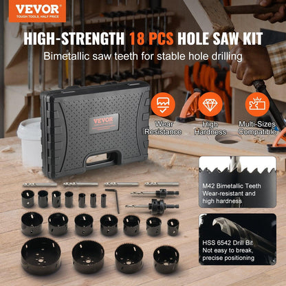 Hole Saw Kit, 18 PCS Saw Blades, 6 Drill Bits, 1 Hex Wrench, Bi Metal M42 Hole Saw Set with Carrying Case, General Purpose Size from 3/4" to 4-1/2", Ideal for Wood Board, Iron and Plastic Plate.