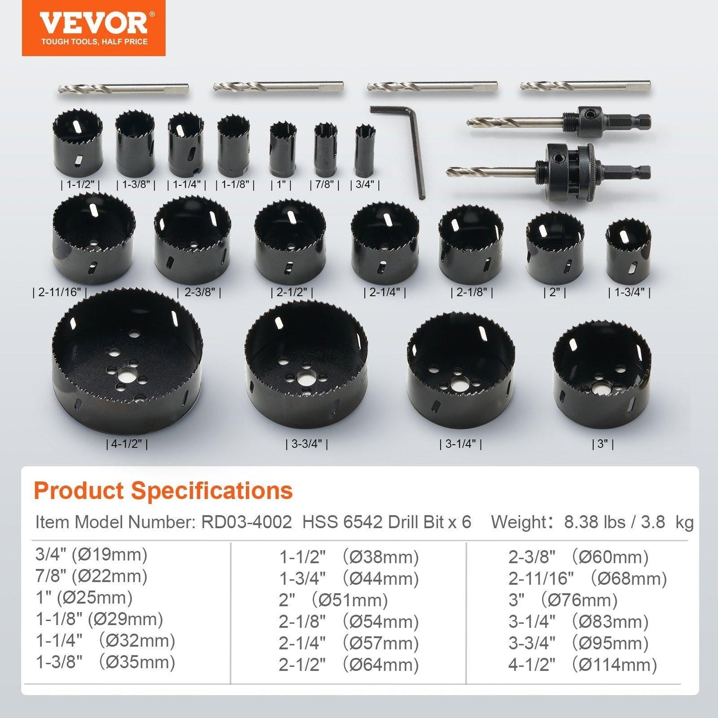 Hole Saw Kit, 18 PCS Saw Blades, 6 Drill Bits, 1 Hex Wrench, Bi Metal M42 Hole Saw Set with Carrying Case, General Purpose Size from 3/4" to 4-1/2", Ideal for Wood Board, Iron and Plastic Plate.