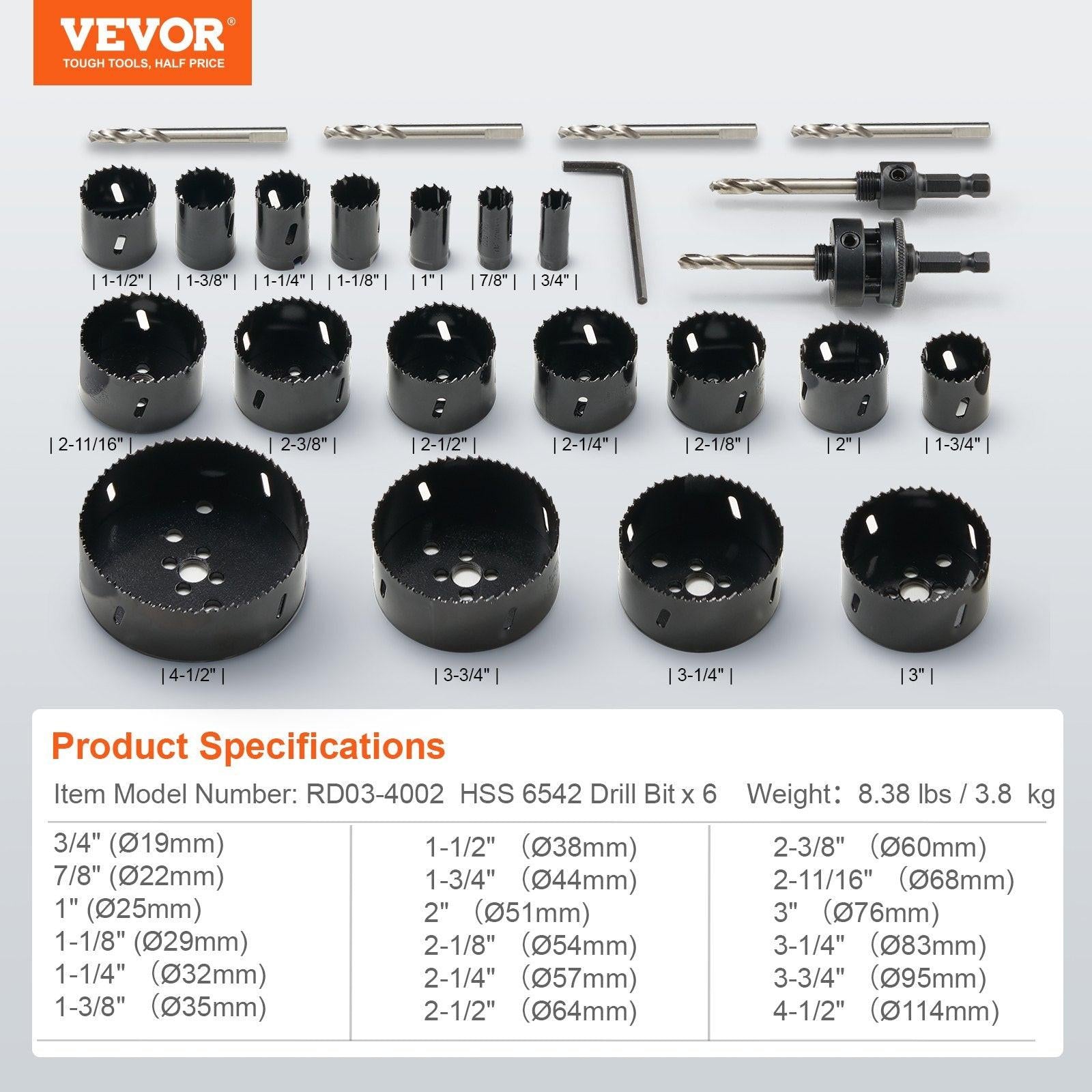 Hole Saw Kit, 18 PCS Saw Blades, 6 Drill Bits, 1 Hex Wrench, Bi Metal M42 Hole Saw Set with Carrying Case, General Purpose Size from 3/4" to 4-1/2", Ideal for Wood Board, Iron and Plastic Plate.