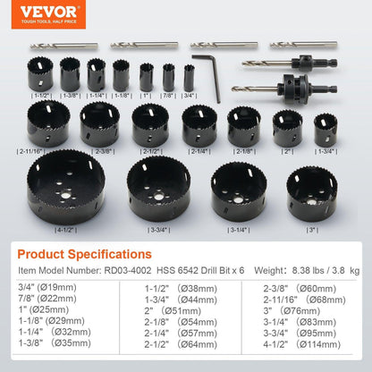 Hole Saw Kit, 18 PCS Saw Blades, 6 Drill Bits, 1 Hex Wrench, Bi Metal M42 Hole Saw Set with Carrying Case, General Purpose Size from 3/4" to 4-1/2", Ideal for Wood Board, Iron and Plastic Plate.