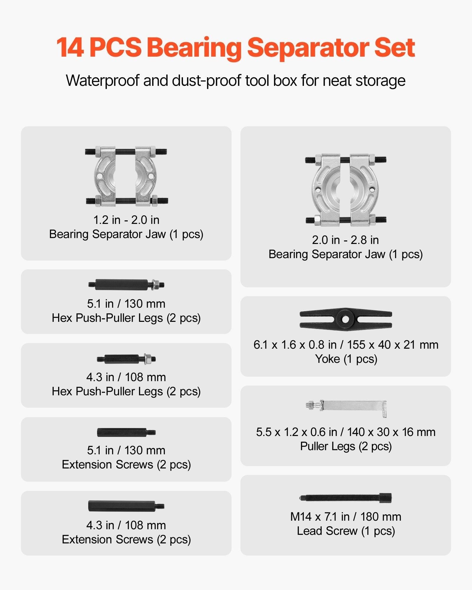 Bearing Puller Kit, 14-Piece 5 Ton Capacity Bearing Separator, Pinion Wheel Bearing Removal Kit with 50 mm and 70 mm Jaws, Bearing Puller Set, Heavy Duty Bearing Splitter Tool Kit with Case.