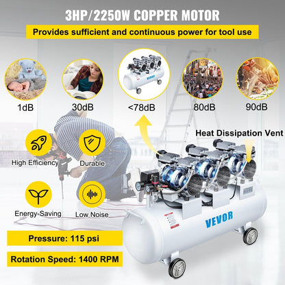 Oil Free Air Compressor Air Compressor Tank 100L 3HP Ultra Silent Inflator.