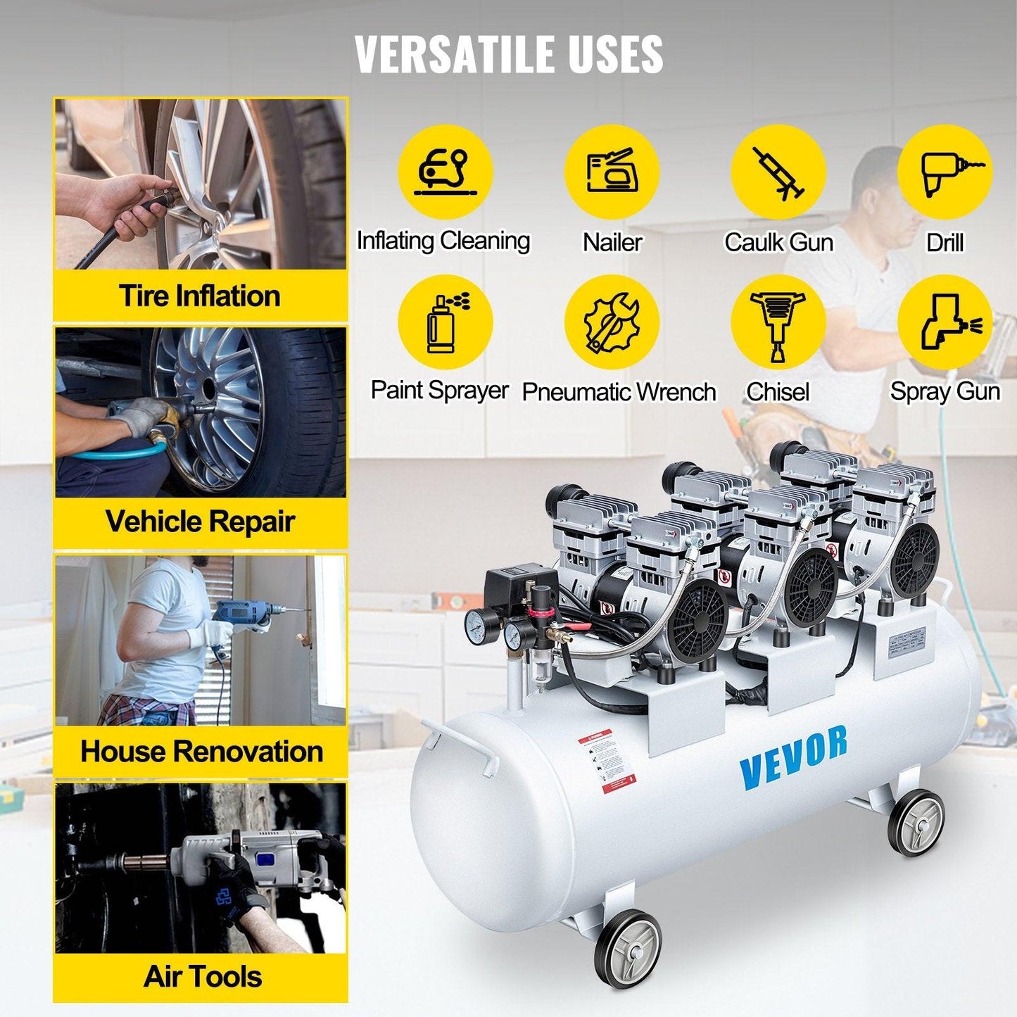 Oil Free Air Compressor Air Compressor Tank 100L 3HP Ultra Silent Inflator.