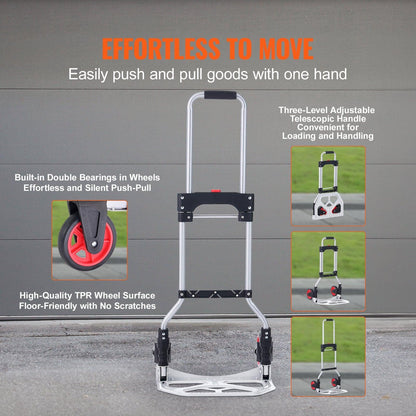Folding Hand Truck, 80 kg Load Capacity, Aluminum Portable Cart, Convertible Hand Truck and Dolly with Telescoping Handle and Rubber Wheels, Ultra Lightweight Super Strong for Moving Warehouse.