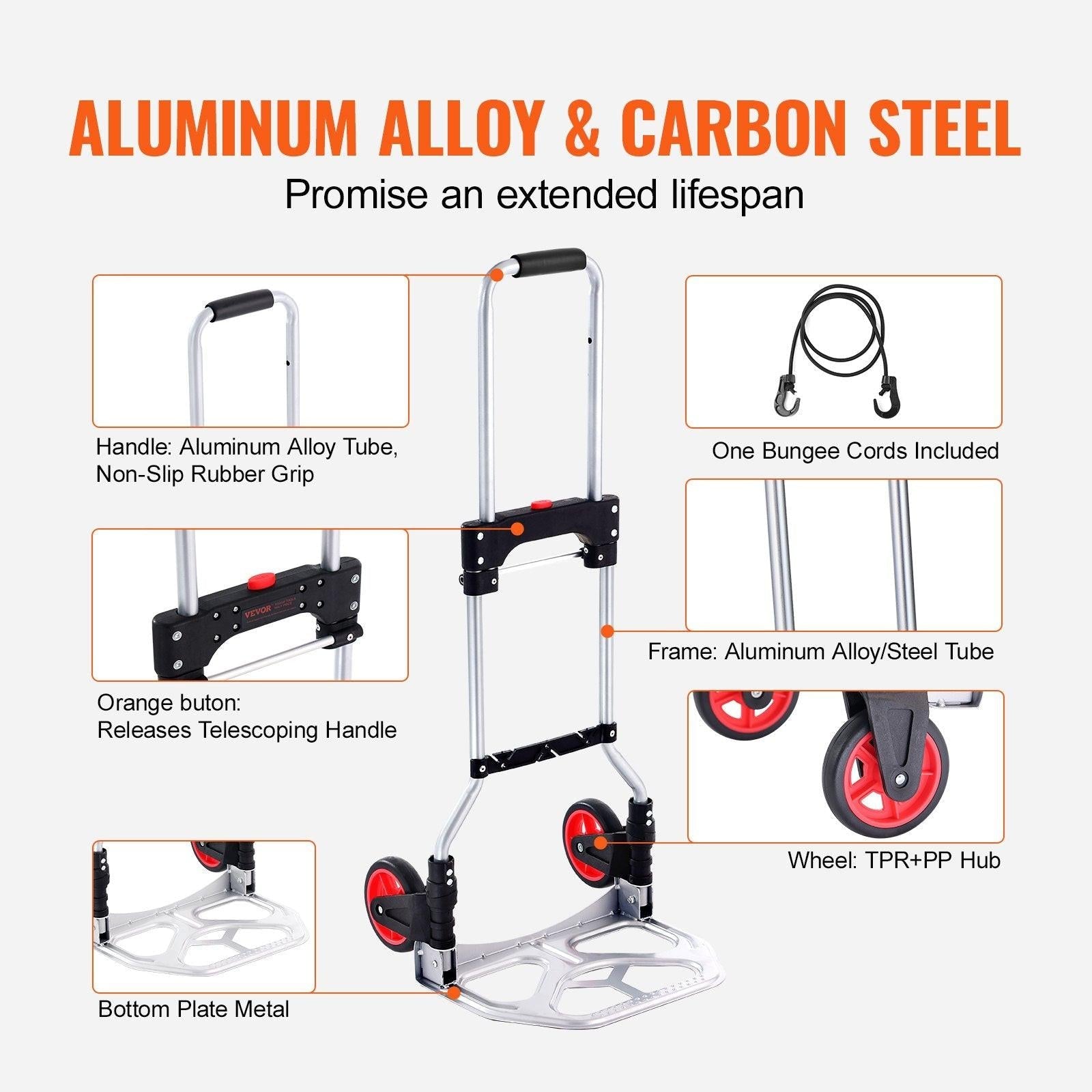 Folding Hand Truck, 80 kg Load Capacity, Aluminum Portable Cart, Convertible Hand Truck and Dolly with Telescoping Handle and Rubber Wheels, Ultra Lightweight Super Strong for Moving Warehouse.