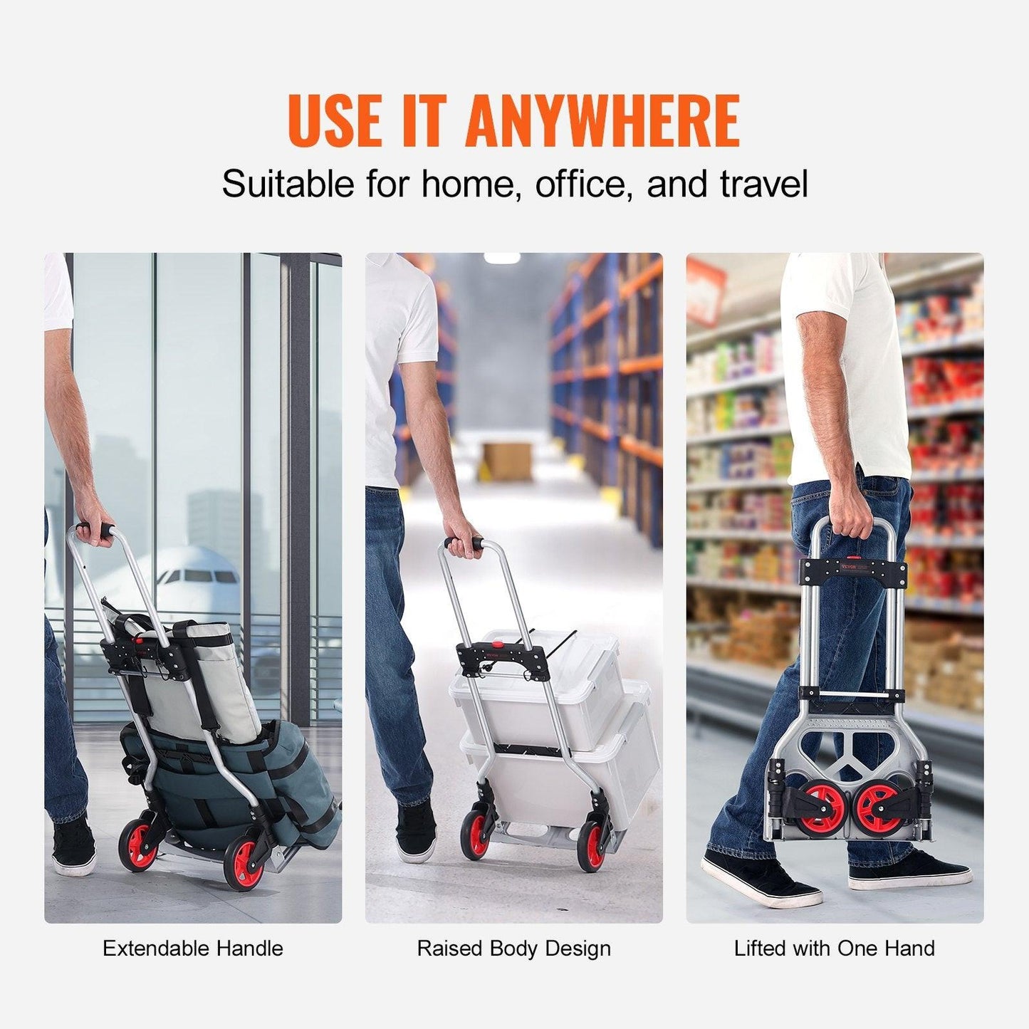 Folding Hand Truck, 80 kg Load Capacity, Aluminum Portable Cart, Convertible Hand Truck and Dolly with Telescoping Handle and Rubber Wheels, Ultra Lightweight Super Strong for Moving Warehouse.