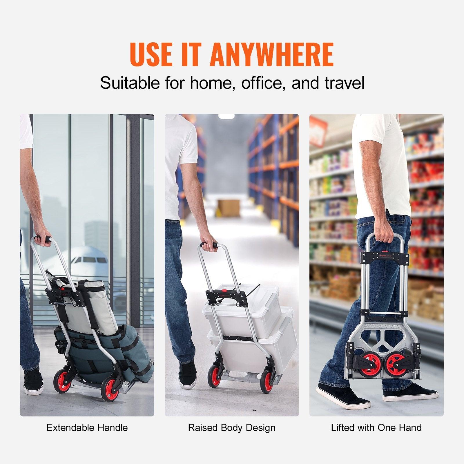 Folding Hand Truck, 80 kg Load Capacity, Aluminum Portable Cart, Convertible Hand Truck and Dolly with Telescoping Handle and Rubber Wheels, Ultra Lightweight Super Strong for Moving Warehouse.