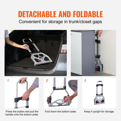 Folding Hand Truck, 80 kg Load Capacity, Aluminum Portable Cart, Convertible Hand Truck and Dolly with Telescoping Handle and Rubber Wheels, Ultra Lightweight Super Strong for Moving Warehouse.