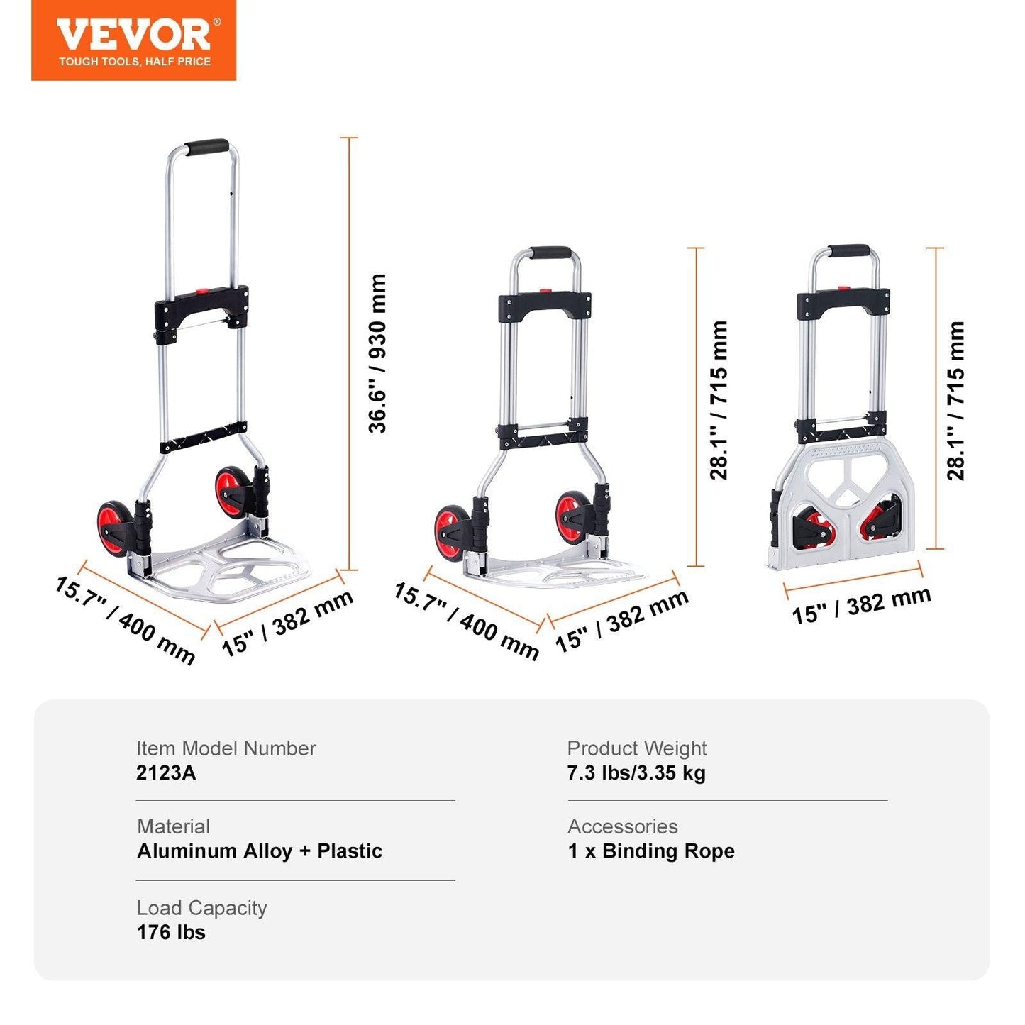 Folding Hand Truck, 80 kg Load Capacity, Aluminum Portable Cart, Convertible Hand Truck and Dolly with Telescoping Handle and Rubber Wheels, Ultra Lightweight Super Strong for Moving Warehouse.