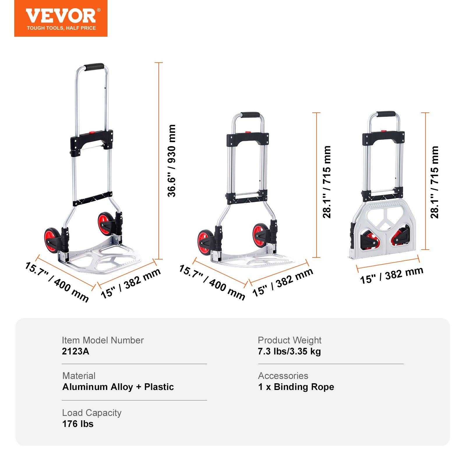 Folding Hand Truck, 80 kg Load Capacity, Aluminum Portable Cart, Convertible Hand Truck and Dolly with Telescoping Handle and Rubber Wheels, Ultra Lightweight Super Strong for Moving Warehouse.