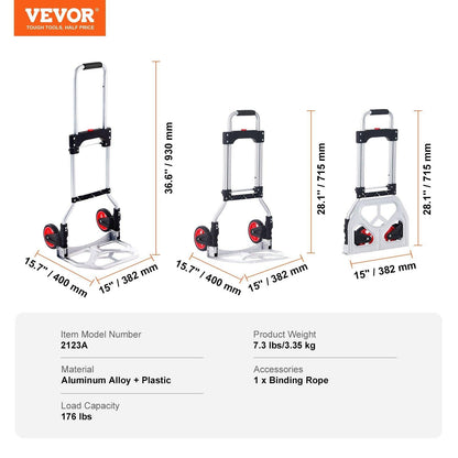 Folding Hand Truck, 80 kg Load Capacity, Aluminum Portable Cart, Convertible Hand Truck and Dolly with Telescoping Handle and Rubber Wheels, Ultra Lightweight Super Strong for Moving Warehouse.