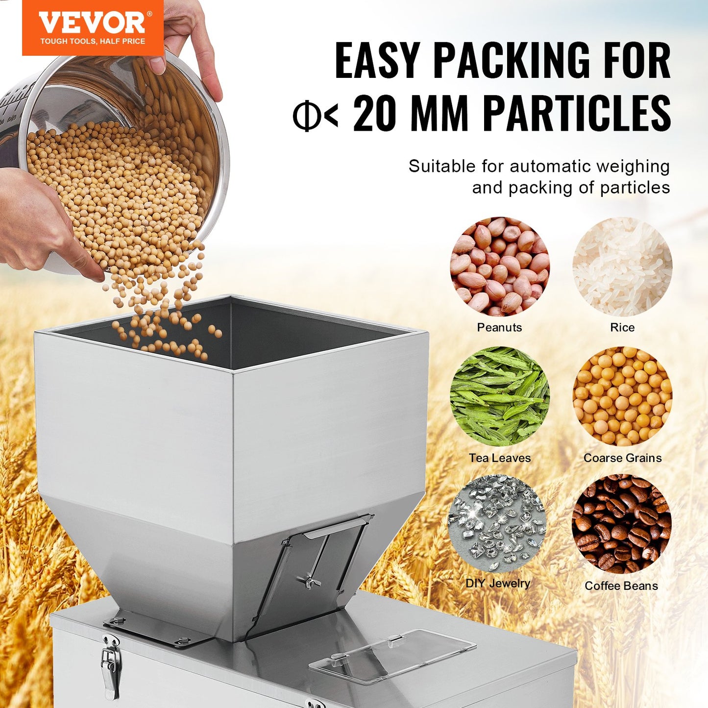 Particle Filling Machine, 10-1000g, Automatic Filler Machine with Foot Pedal, Stainless Steel Weighing Filling Machine, Weigh Filler Packing Machine for Beans Seeds Grains Tea Granular Packing