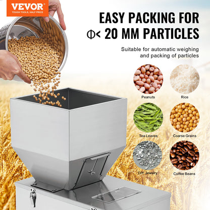 Particle Filling Machine, 10-1000g, Automatic Filler Machine with Foot Pedal, Stainless Steel Weighing Filling Machine, Weigh Filler Packing Machine for Beans Seeds Grains Tea Granular Packing