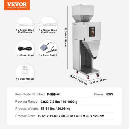 Particle Filling Machine, 10-1000g, Automatic Filler Machine with Foot Pedal, Stainless Steel Weighing Filling Machine, Weigh Filler Packing Machine for Beans Seeds Grains Tea Granular Packing