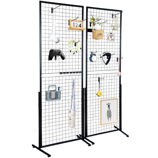 2' x 5.6' Grid Wall Panels Tower, 2 Packs Wire Gridwall Display Racks with T-Base Floorstanding, Double Side Gridwall Panels for Art Craft Shows, Retail Display with Extra Clips and Hooks.