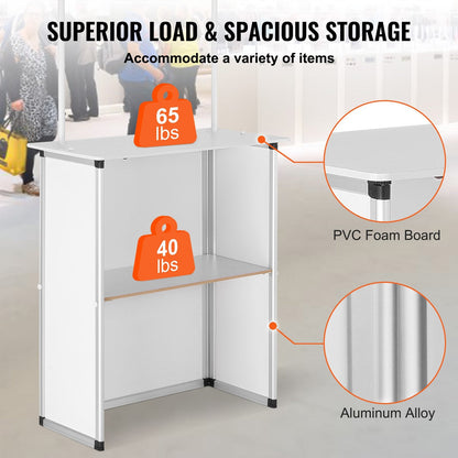 Portable Tradeshow Podium Table, 785 x 380 x 1815 mm, Display Exhibition Counter Stand Booth Fair with Wall, Foldable Promotion Retail Bar Table Pop Up Podium with Storage Rack/Carrying Bag