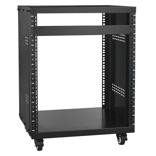 12U AV Rack Stand, 136.08kg Capacity, Network Stereo Recording Studio Rack with Lockable Caster Wheels Round & Square Holes, Special Vent for 482.6 mm Audio Video Musical & IT Equipment Mounting.