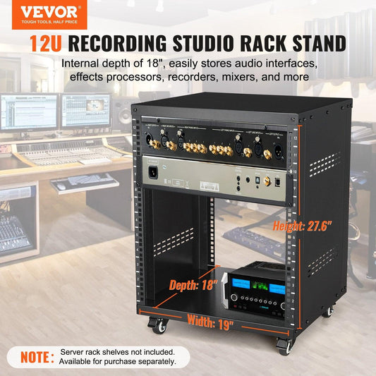 12U AV Rack Stand, 136.08kg Capacity, Network Stereo Recording Studio Rack with Lockable Caster Wheels Round & Square Holes, Special Vent for 482.6 mm Audio Video Musical & IT Equipment Mounting.