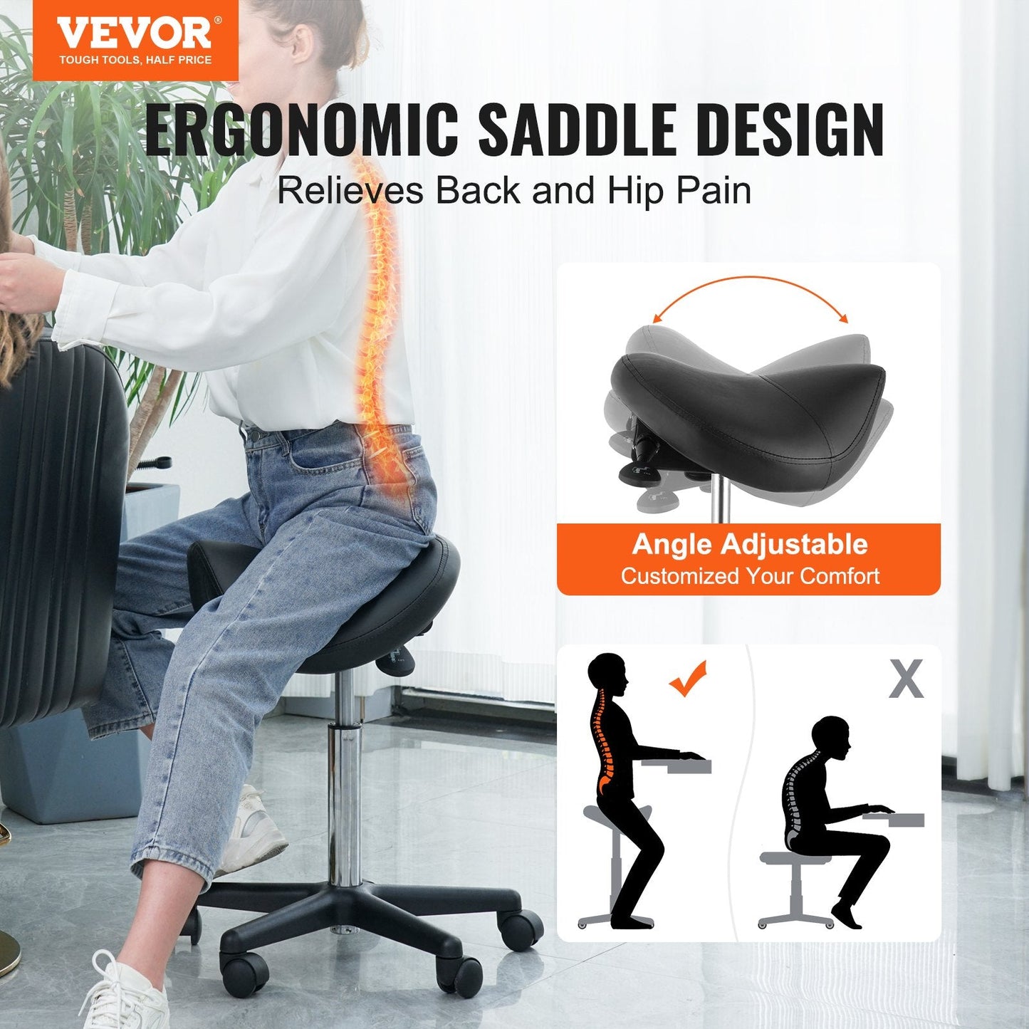 Saddle Stool with Wheels, 400 LBS Weight Capacity Ergonomic Rolling Saddle Stool, Height Adjustable Thickened PU Leather Swivel Saddle Stools Chair for Salon, Spa, Tattoo, Clinic, Black