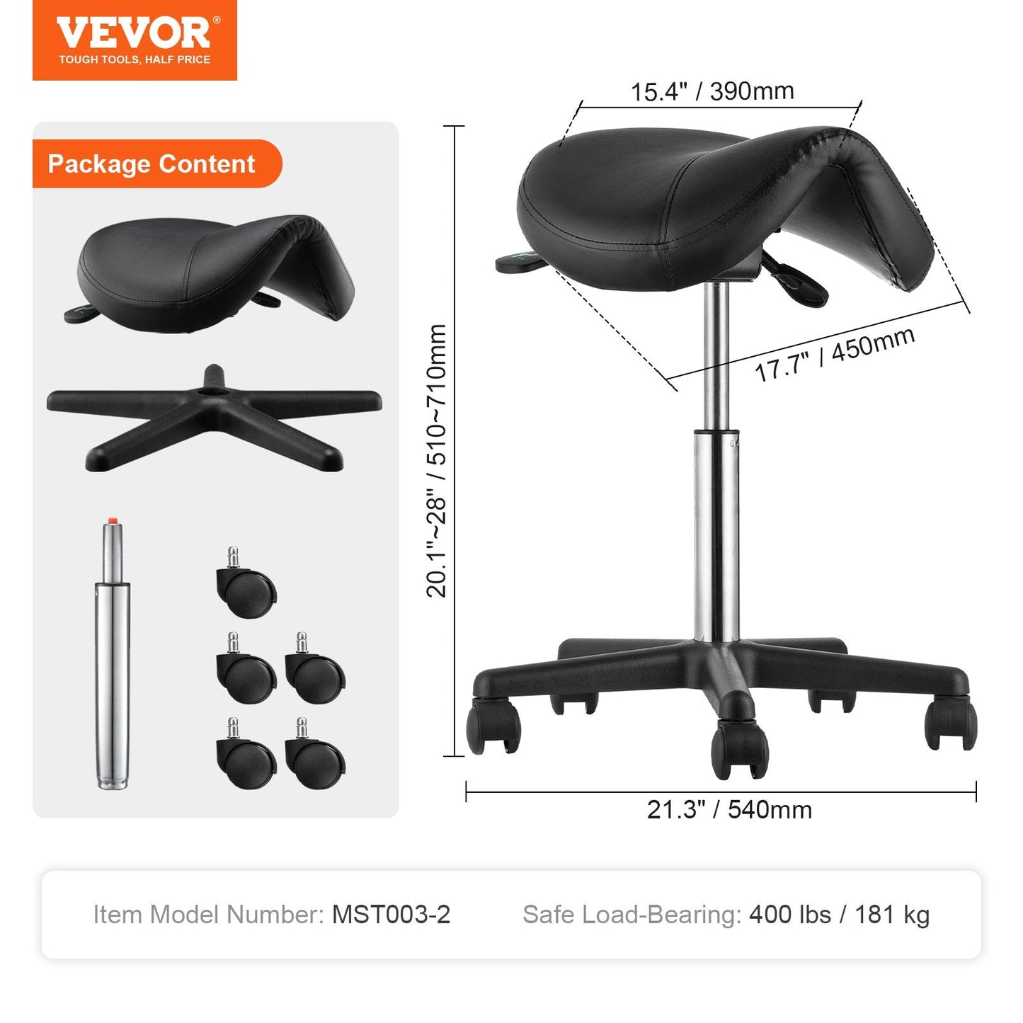 Saddle Stool with Wheels, 400 LBS Weight Capacity Ergonomic Rolling Saddle Stool, Height Adjustable Thickened PU Leather Swivel Saddle Stools Chair for Salon, Spa, Tattoo, Clinic, Black