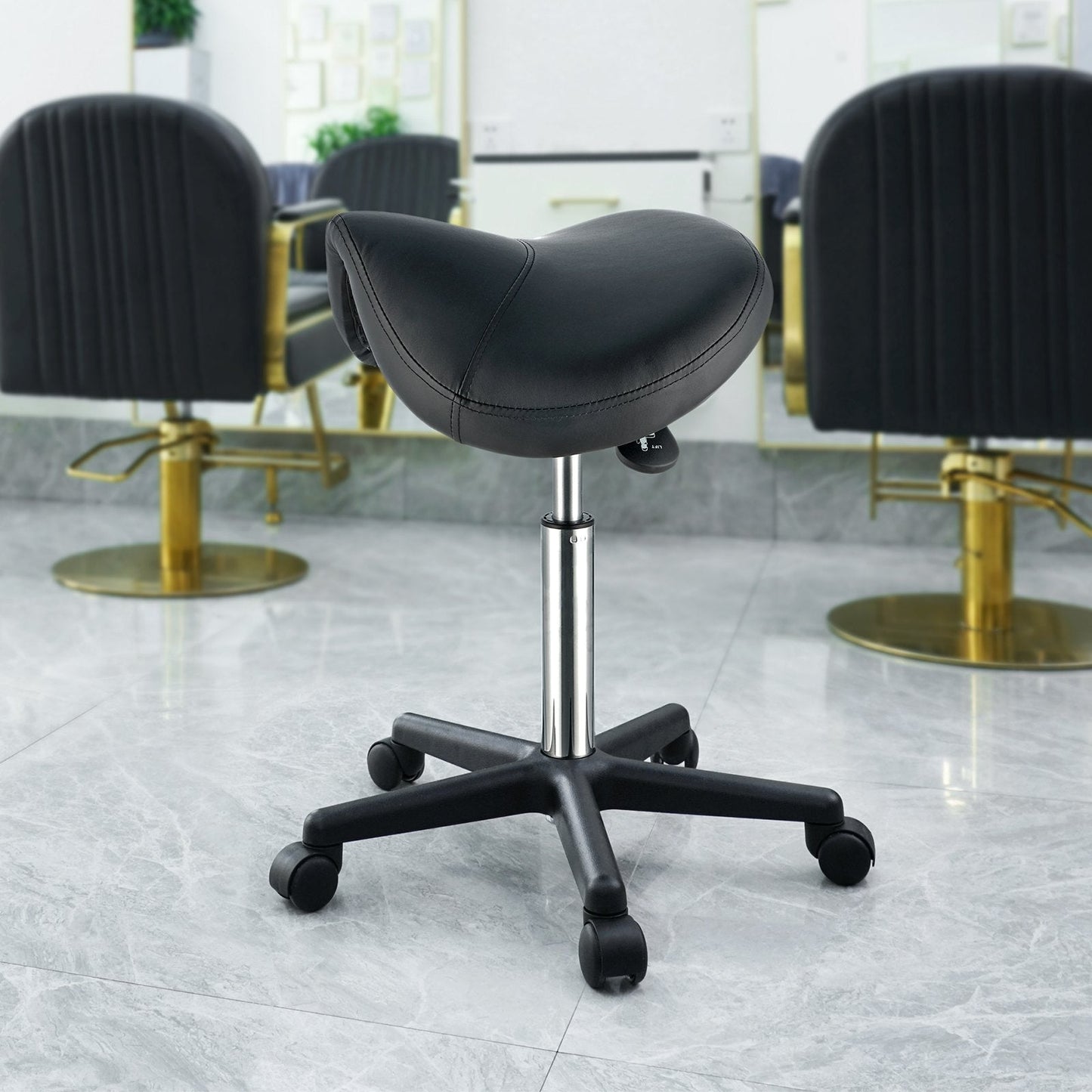 Saddle Stool with Wheels, 400 LBS Weight Capacity Ergonomic Rolling Saddle Stool, Height Adjustable Thickened PU Leather Swivel Saddle Stools Chair for Salon, Spa, Tattoo, Clinic, Black