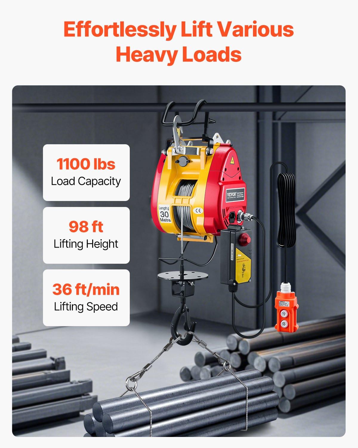 2-in-1 Electric Hoist Winch, 500 KG Capacity, 1800W Portable Power Winch, 30 m Lifting Height, 11 m/min with Wire and Wireless Remote Control, for Garage, Warehouse, Factory Lifting Towing.