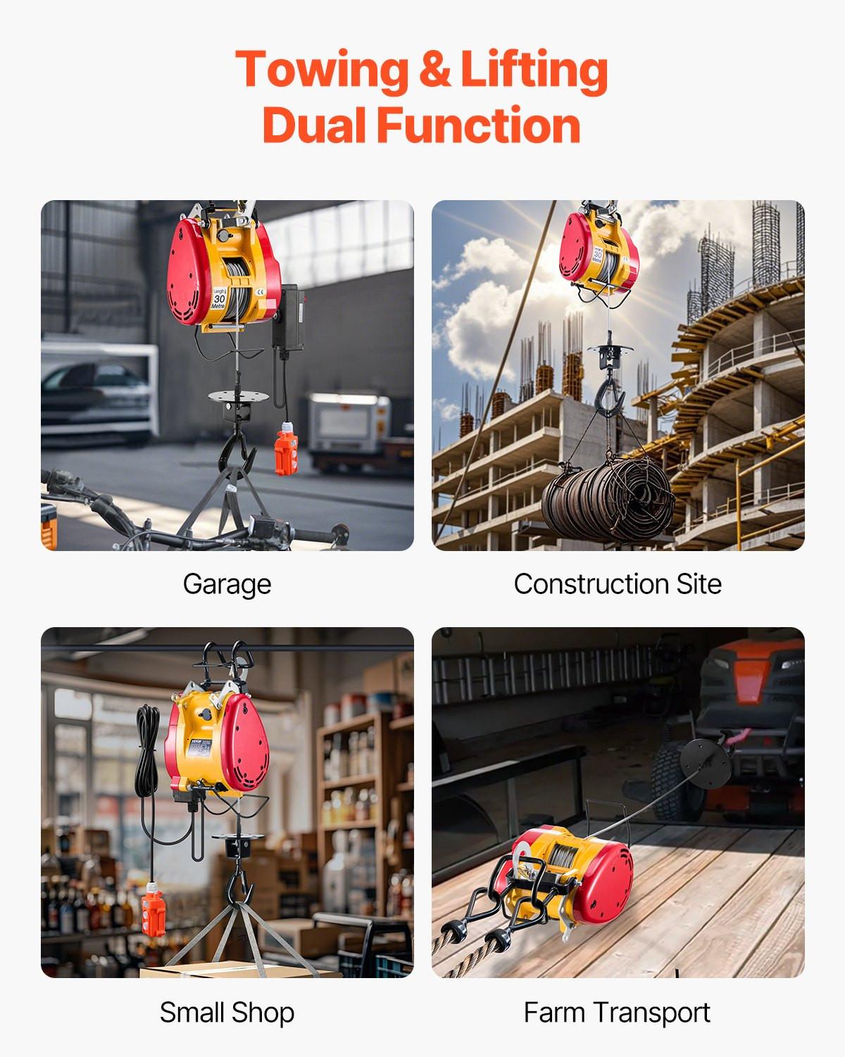 2-in-1 Electric Hoist Winch, 500 KG Capacity, 1800W Portable Power Winch, 30 m Lifting Height, 11 m/min with Wire and Wireless Remote Control, for Garage, Warehouse, Factory Lifting Towing.