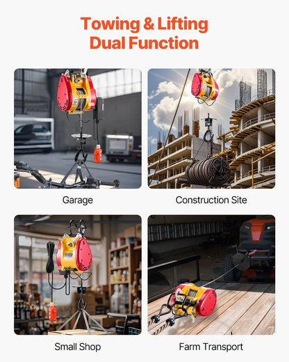 2-in-1 Electric Hoist Winch, 500 KG Capacity, 1800W Portable Power Winch, 30 m Lifting Height, 11 m/min with Wire and Wireless Remote Control, for Garage, Warehouse, Factory Lifting Towing.