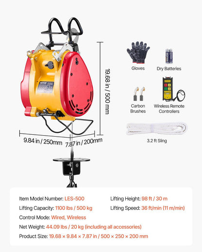 2-in-1 Electric Hoist Winch, 500 KG Capacity, 1800W Portable Power Winch, 30 m Lifting Height, 11 m/min with Wire and Wireless Remote Control, for Garage, Warehouse, Factory Lifting Towing.