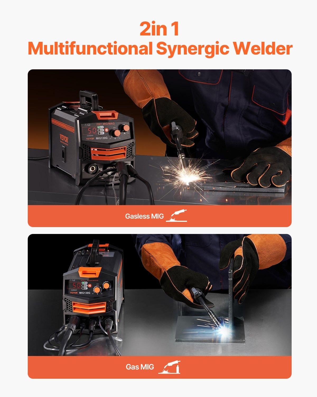 MIG Welder, 130A Synergic Mig Welding Machine, 2-in-1 Gas MIG/Gasless Flux Core MIG Multi-Process Welder Machine, Portable Mig Welder with IGBT Inverter Technology & Digital Display Screen.