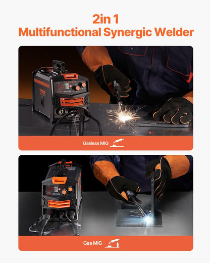 MIG Welder, 130A Synergic Mig Welding Machine, 2-in-1 Gas MIG/Gasless Flux Core MIG Multi-Process Welder Machine, Portable Mig Welder with IGBT Inverter Technology & Digital Display Screen.