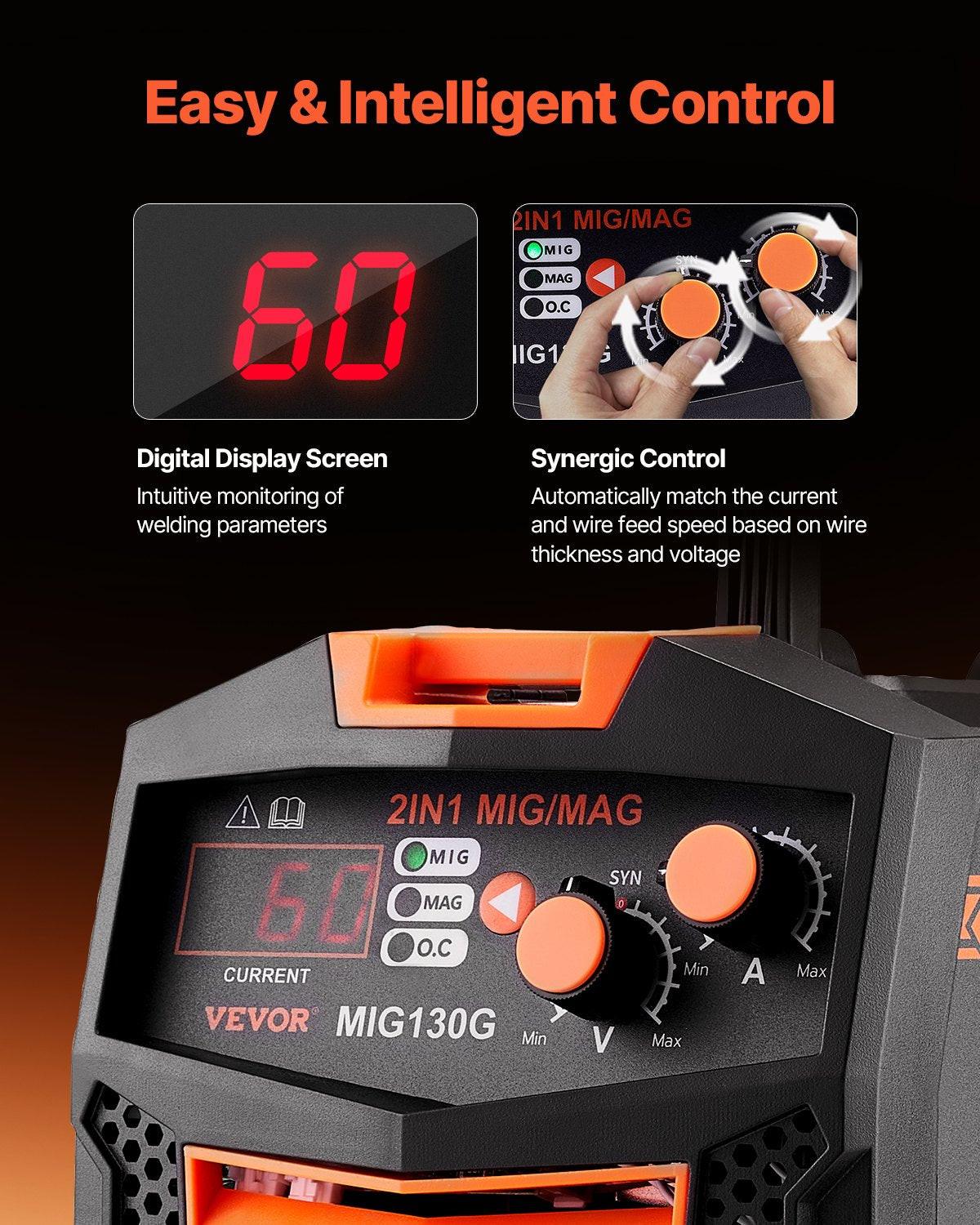 MIG Welder, 130A Synergic Mig Welding Machine, 2-in-1 Gas MIG/Gasless Flux Core MIG Multi-Process Welder Machine, Portable Mig Welder with IGBT Inverter Technology & Digital Display Screen.