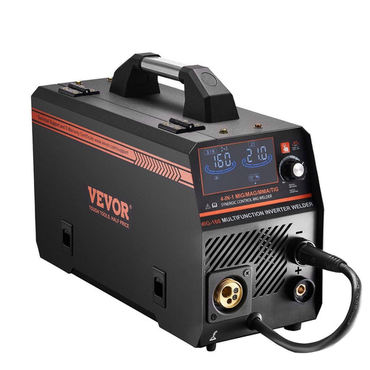 MIG Welder, 160A Synergic Mig Welding Machine, 4-in-1 Gas MIG/Flux Core MIG/Stick/Lift TIG Multi-Process Welder Machine with IGBT Inverter Technology and LCD Screen Display.