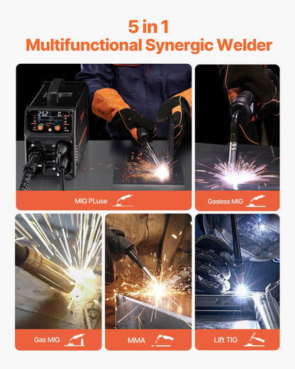 Pro MIG Welder, 200Amp Pluse Mig Welding Machine, 5-in-1 Synergic Welder Machine MIG Pluse/Gas MIG/Flux Core MIG/Stick/Lift TIG with IGBT Inverter Technology and LCD Screen Display